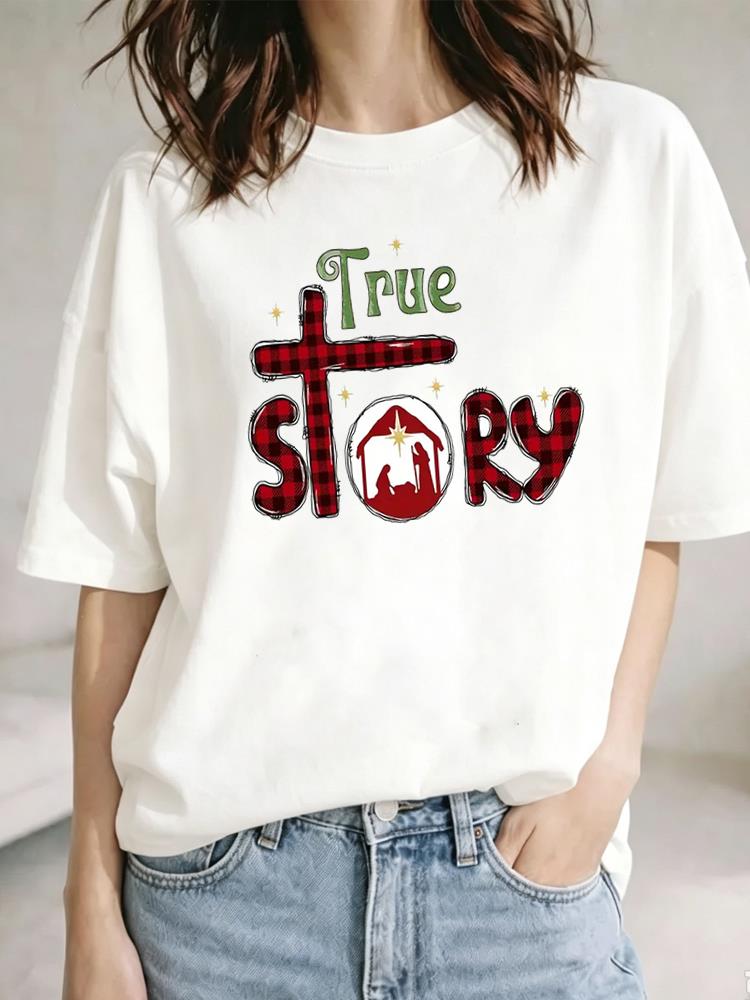 (Asian Size) Christmas Festival Tee Top New Year tree letter cute Clothing T Shirt Women Fashion Print Female Woman Short Sleeve Graphic T-shirts