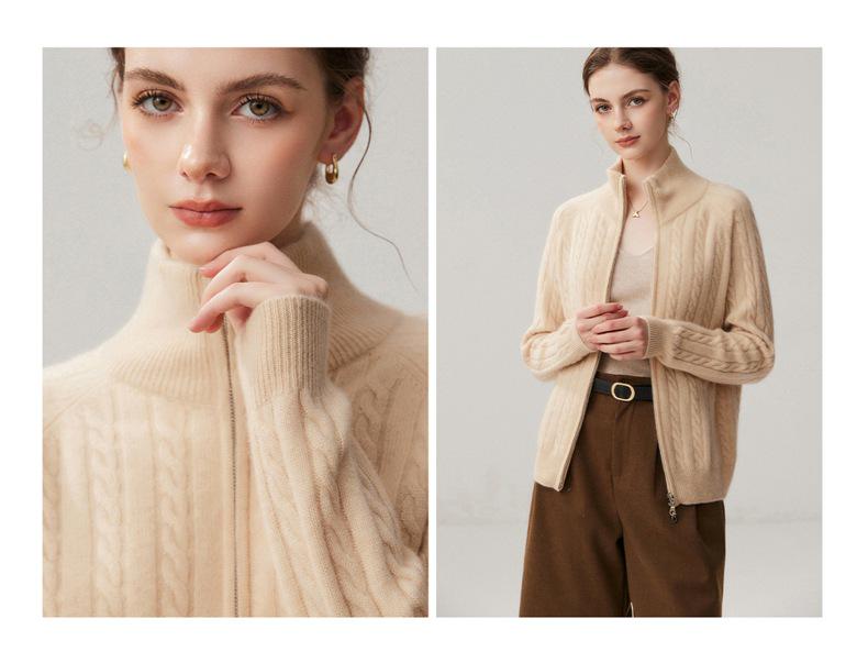 Women's Elegant Cashmere Cable Knit Half-High Neck Zip Cardigan - Autumn/Winter 2026 Collection