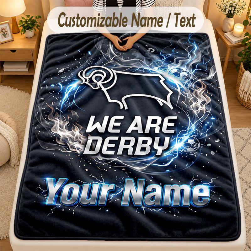 Flannel BlanketDerby County Custom Name Text Personalized Soft Warm Throw Blanket Home Decor Gift