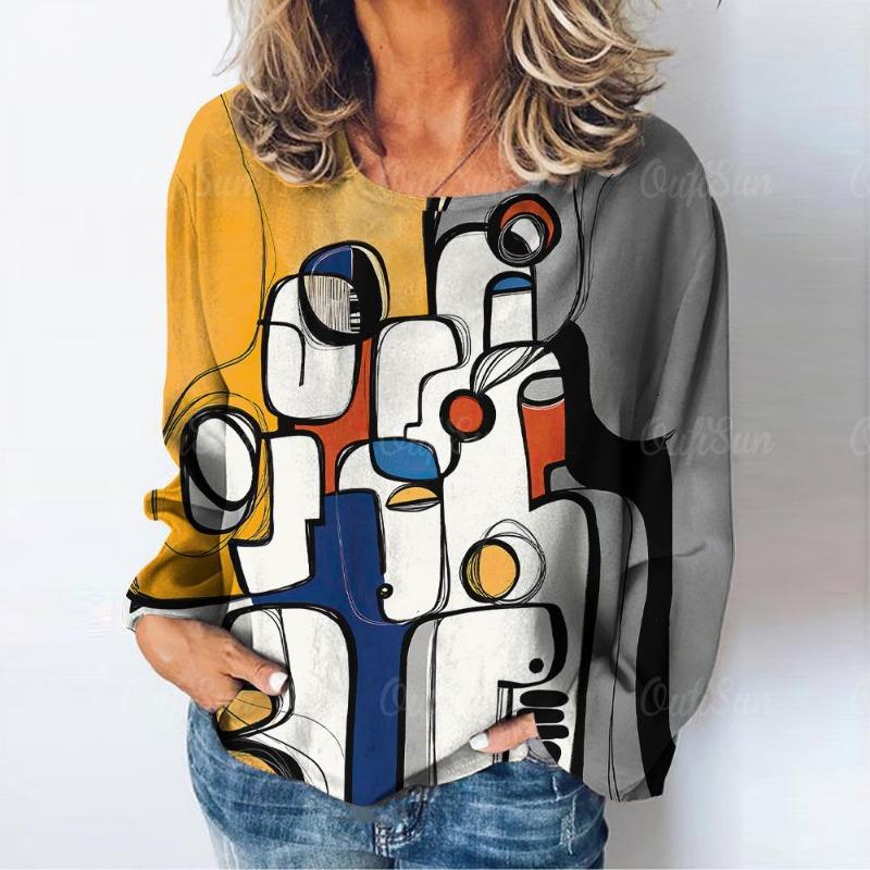 Abstract Art Pattern Print Women's T-Shirt Long Sleeve Autumn O Neck Lady Clothes Tops Oversized Harajuku Streetwear Female Tees