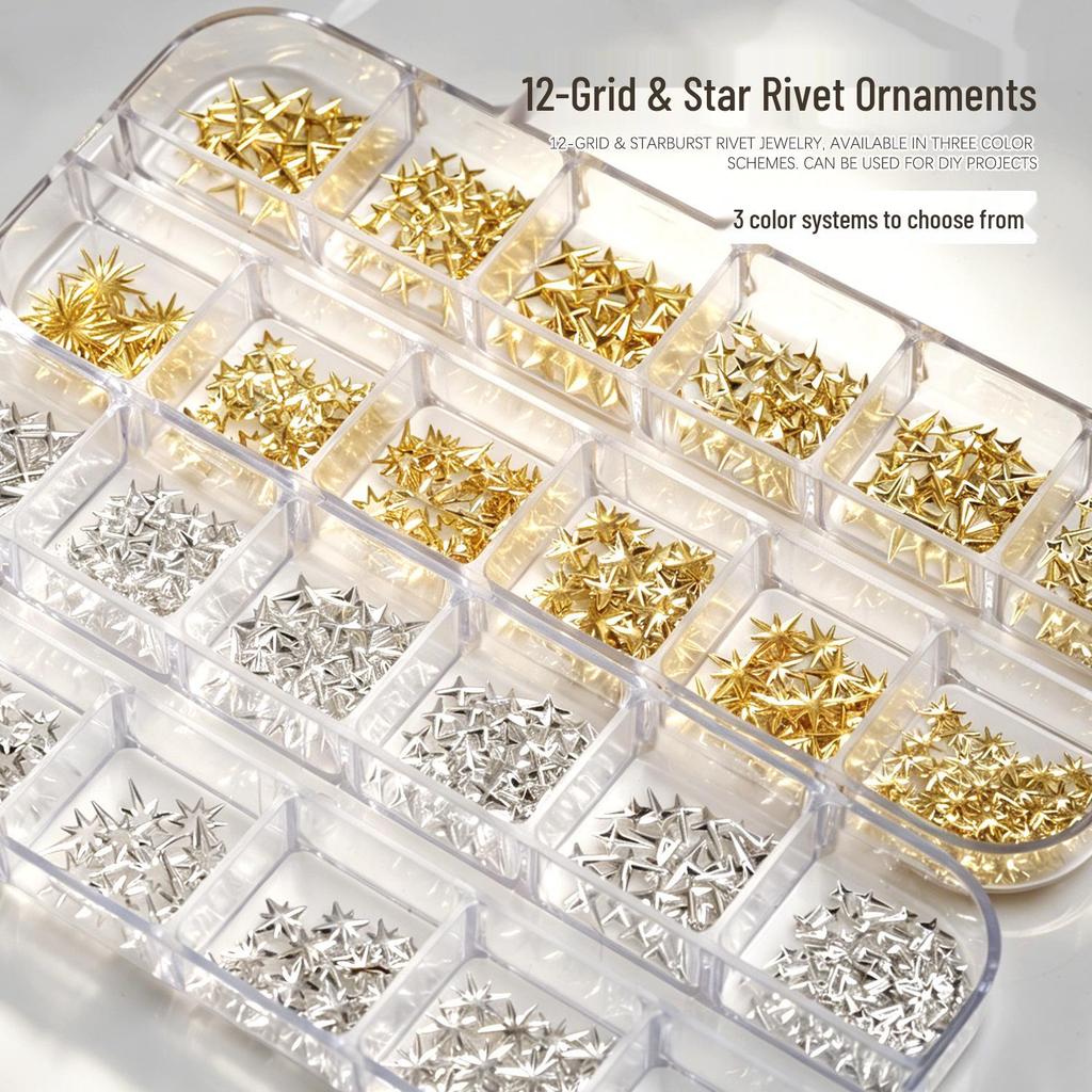 Gold & Silver Starburst 3D Nail Art Rivets - Four-Pointed Stars Decor.