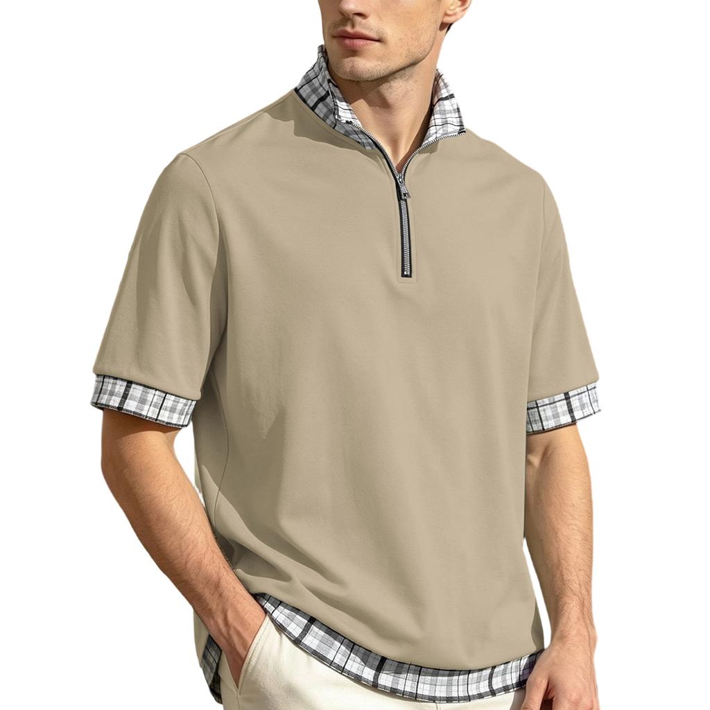 Men's Short Sleeve Polo Shirt with Half Zip Collar Layered Look Casual Loose Fit Big Size Plaid Pattern