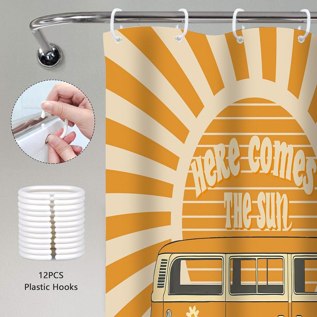 Here Comes The Sun Douchegordijn 72x72 Inch Boho Vintage Bloemen Bus Retro Hippie Oranje Zon Zonneschijn Omkeerbaar voor Thuis