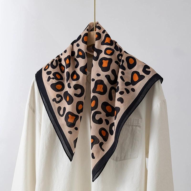 Leopard Print Cotton Silk Blend Scarf Women Autumn Vintage Head Scarves Square Scarves 65*65Cm