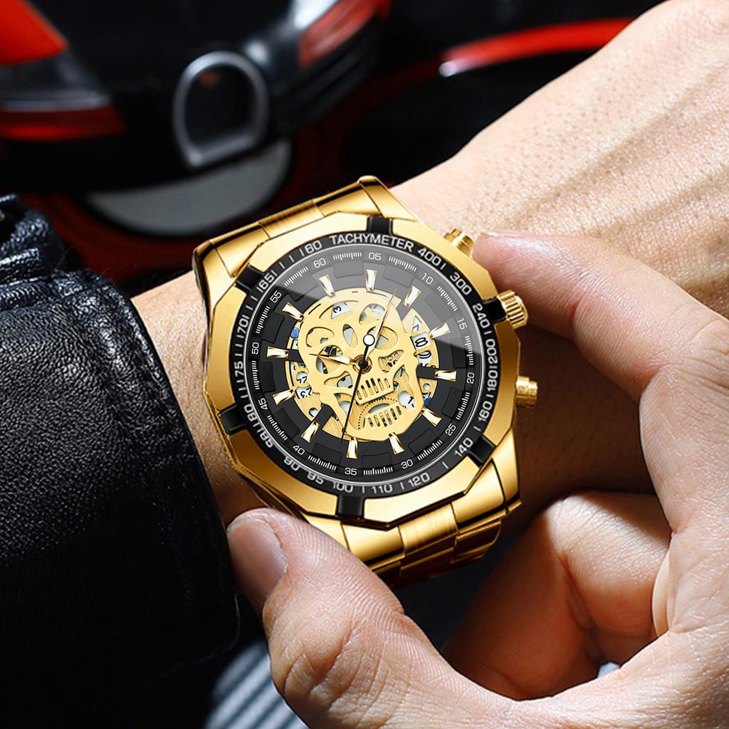 BINBOND Original Skeleton Skull Precise Quartz Wristwatches For Men Luxury Luminous Waterproof Auto Date Men's Watch Sturdy Relo