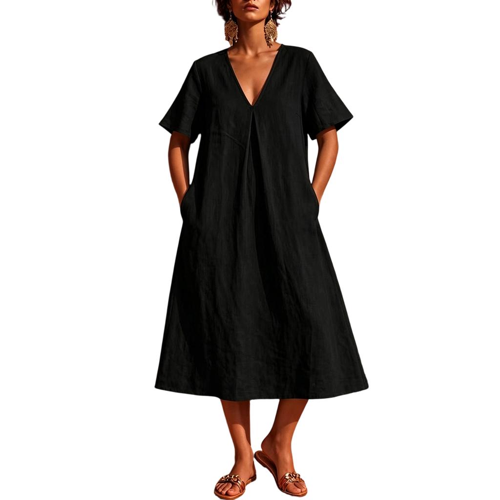 Women's Casual V Neck Midi Dress Short Sleeve Loose Fit Minimalist Mid Length Dress with Pockets Lightweight Comfortable Fabric