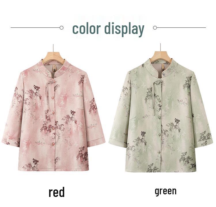 2026 Summer Women's Stand-up Collar Seven-Sleeve Chinese Style Top for Middle-Aged & Elderly