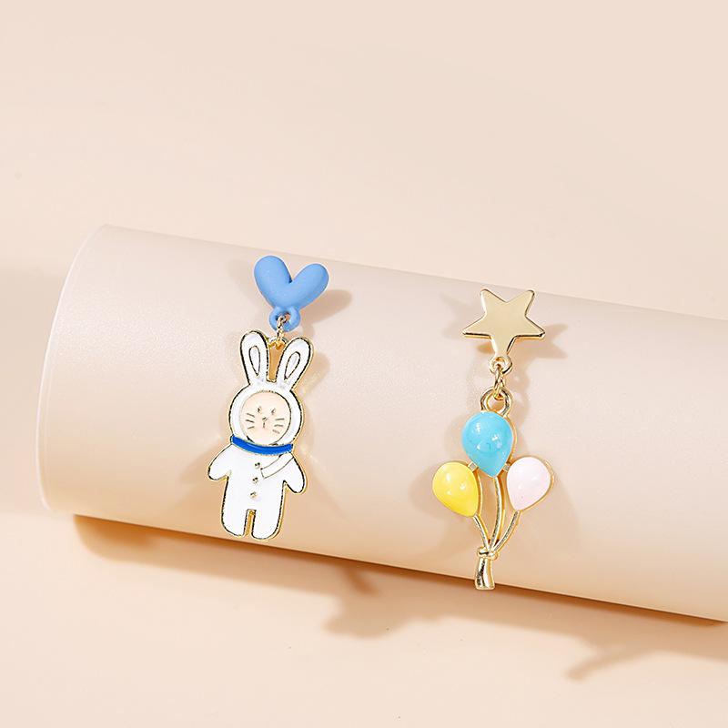 Asymmetrical Cartoon Balloon Bear Earrings, Cute Rainbow Rabbit Cat Cake Daisy Angel Stud Earrings