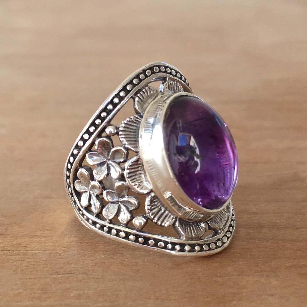 Anillo Vintage Unisex Nepalí con Incrustaciones de Plata Amatista Anillo Metálico Retro Anillo para Hombres y Mujeres de Nepal Joyería de Moda Flor