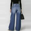 Women's Washed Blue High-Waist Metal Grommet Wide Leg Jeans Casual Loose Fit Streetwear Denim Pants