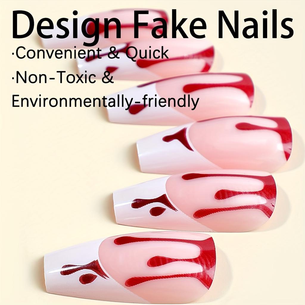 24pcs Halloween Red Blood Droplet Fake Nails White French Tip Press On Nails, Coffin Long False Nails For Women Girls Halloween Party Nail Decoration