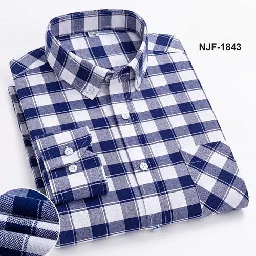 Spring and Autumn Men's Pure Cotton Long Sleeved Shirts for Middle and Youth Leisure All Cotton Oxford Plaid Plus Size Shirts