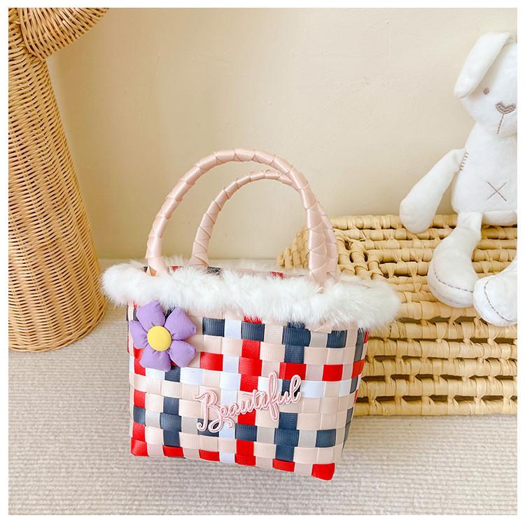 Stylish Children's Woven Handbag Colorful Crochet Tote Bag For Girls With Floral Design