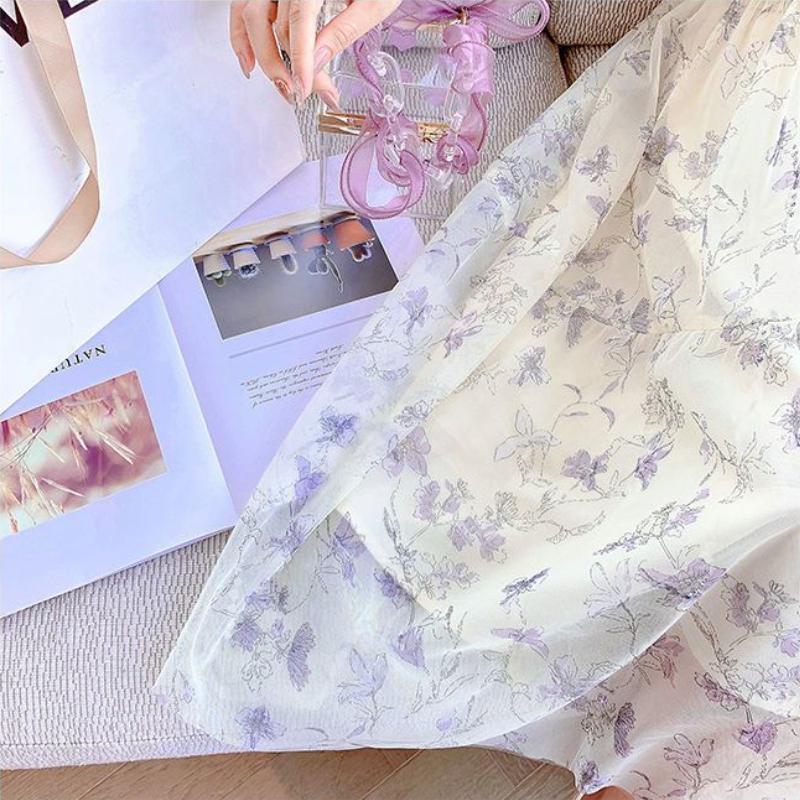 French Square Neck Floral Dress Trend Temperament Thin Chiffon Fairy Long Skirt Slim Waist Bundle Hundred with Bubble Sleeve Dresses