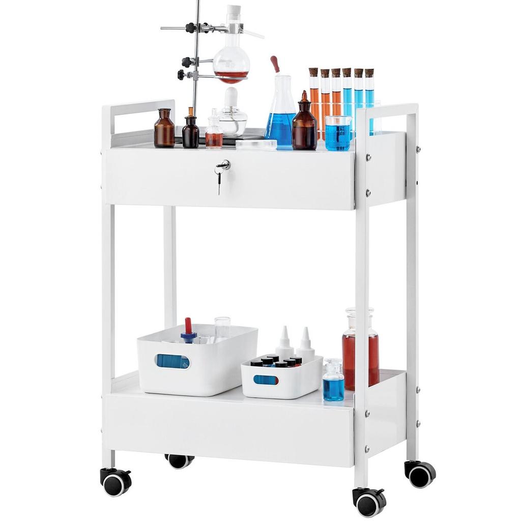 Lab Cart, 2 Tiers Stainless Steel Utility Cart, Medical Cart with 2 Drawers, Rolling Lab Cart White Paint, Serving Cart with Swivel Casters for