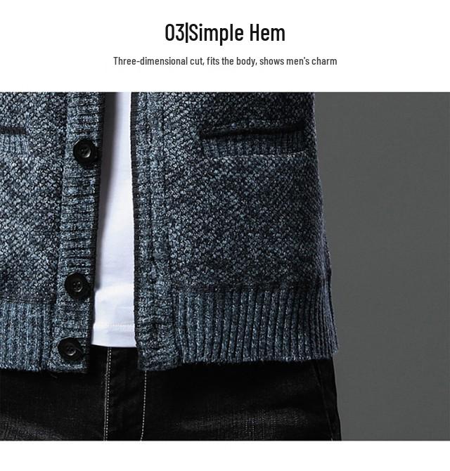 Men's Autumn/Winter Plus Velvet V-Neck Long Sleeve Cardigan Sweater