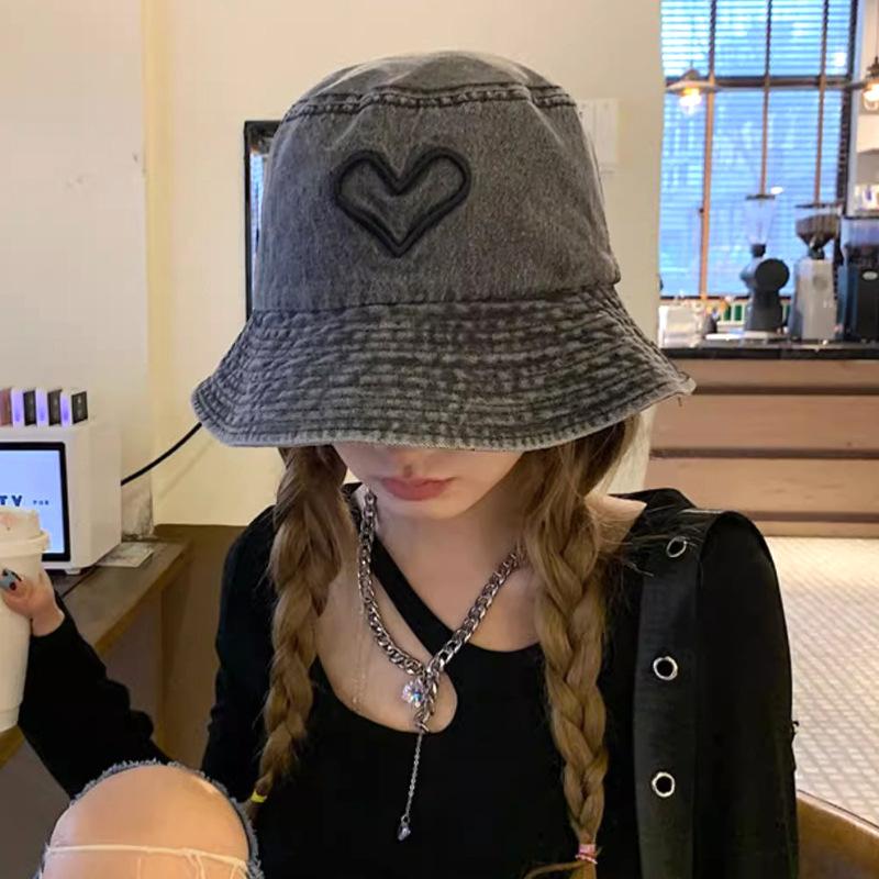 Versatile Street Hat Women Wash Old Denim Bucket Hat Love Embroidery Show Washbasin Hat Tide