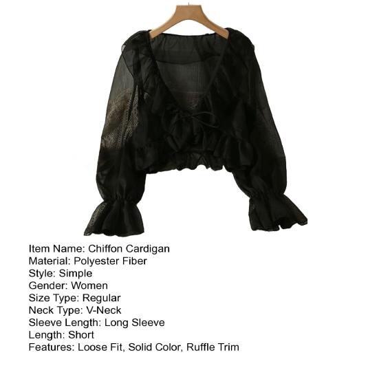 Cardigan in chiffon con scollo a V, lacci, camicia leggera, colore unito, bordo con volant, estivo, sottile, protezione solare, da indossare tutti i giorni