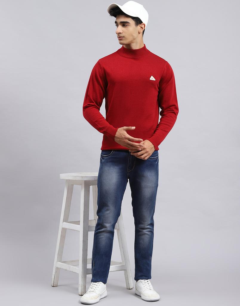 MONTE CARLO Mens Solid Red Turtle Neck Full Sleeve Pullover