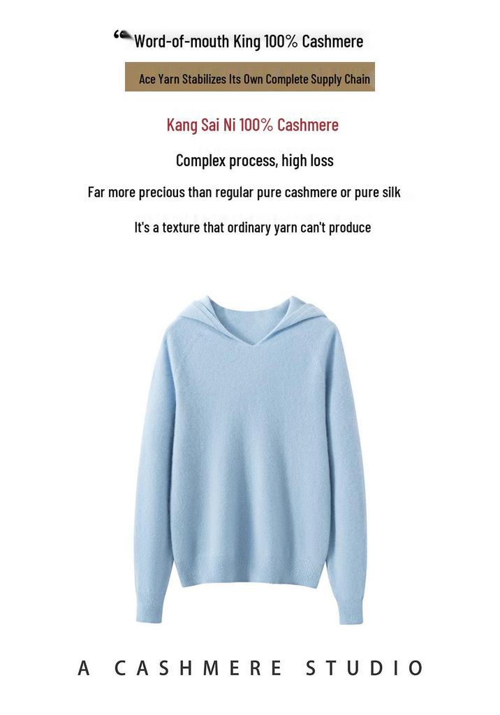 Autumn Winter Pure Cashmere Women's Hooded Loose Knit Sweater Pullover