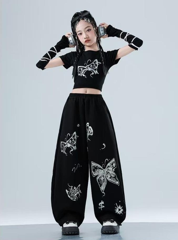 Summer Girls Jazz Dance Costume Trendy Crop Top Short Sleeve High Waist Pants Set For Stage Performance