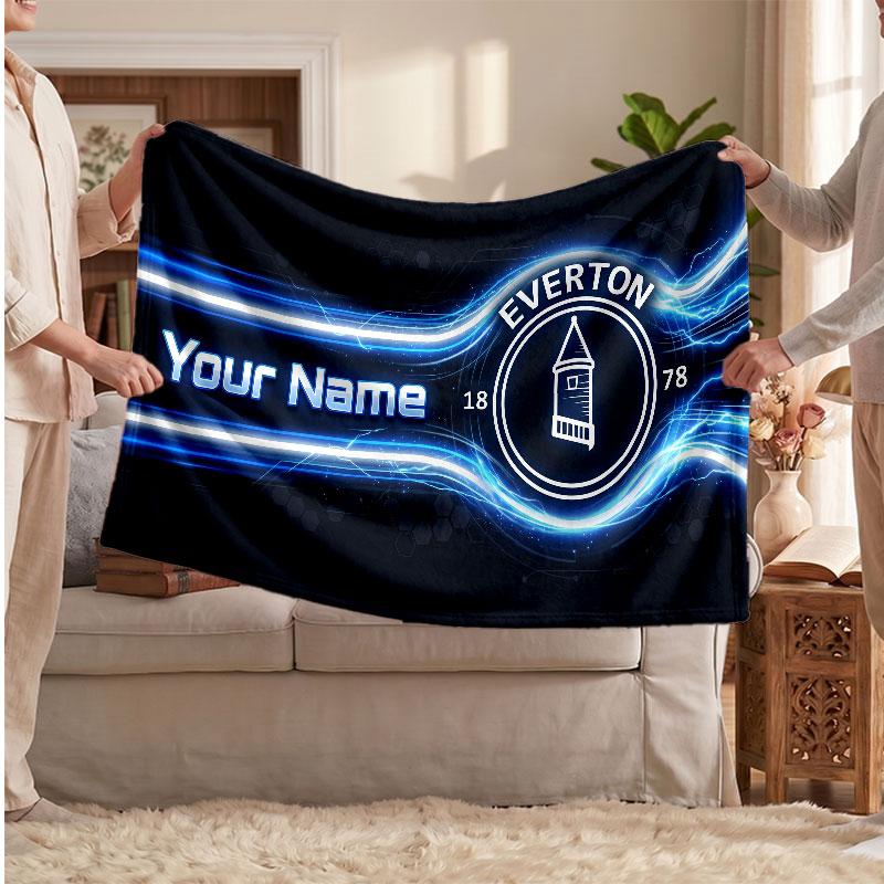 Everton FC Personalized Fleece Blanket With Football Logo, Custom Name Text Soft Warm Home Throw Blanket