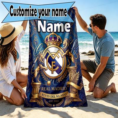 Personalizowany Ręcznik Plażowy z Nadrukiem Real Madryt CF i Imieniem, na Wycieczkę Kemping Imprezę Plażową Wystrój Domu, Prezent Urodzinowy dla Rodziny i Przyjaciół