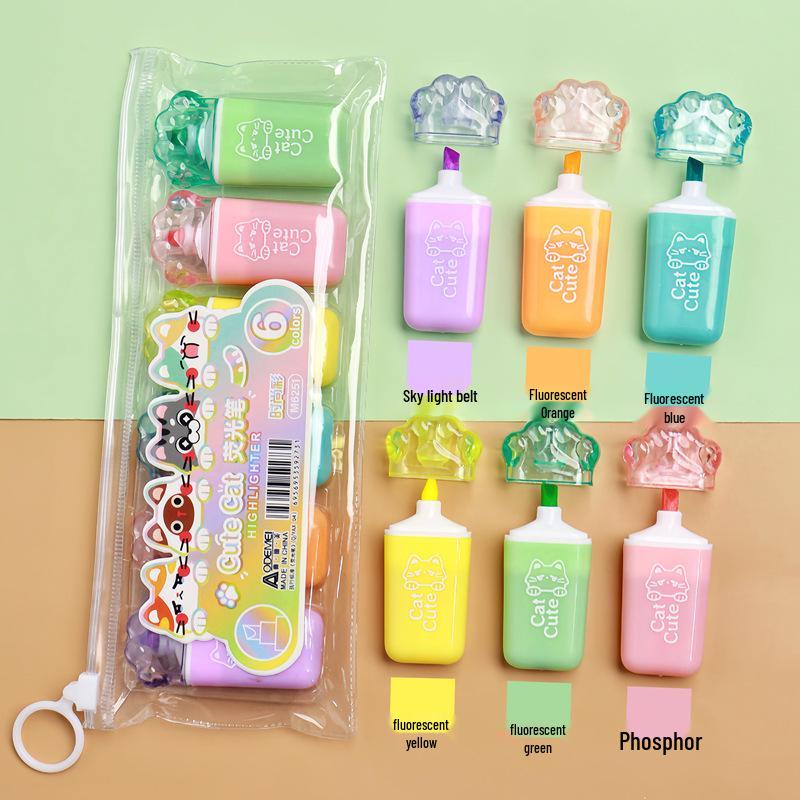 Set di 6 Mini Pennarelli Fluorescenti - Design Carino a Cartone Animato, Perfetti per Studenti delle Elementari. Evidenziatori Piccoli, Portatili e Colorati.