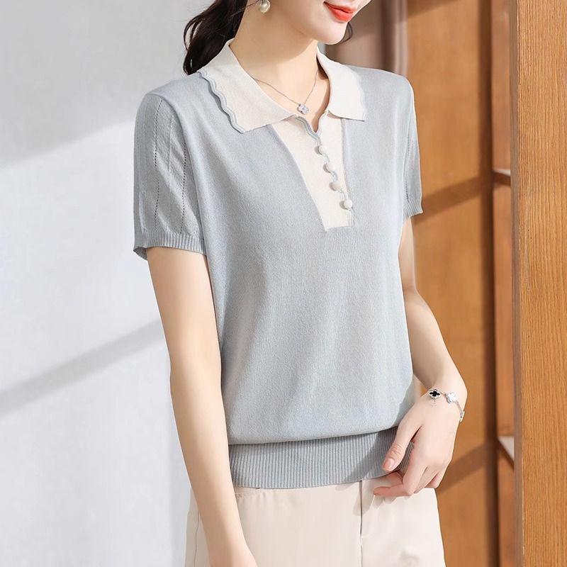 

Stylish Ice Silk Short Sleeve T-Shirt for Moms - Fashionable Summer Top for Middle-Aged and Elderly Women M (45-50 kg)