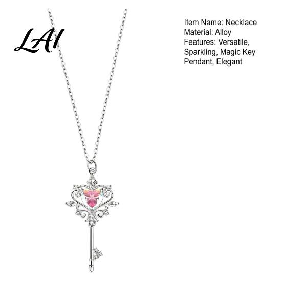 Key Pendant Necklace for Women Magic Necklace Pink Cubic Zirconia Heart Sparkling Rhinestone Sweet Fairy Jewelry Girls Versatile Alloy Chain