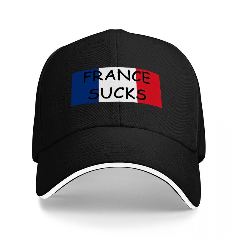 FRANCE SUCKS FLAG DESIGN BLACK BASEBALL CAP WITH BOLD STATEUnisexT AND TRICOLORE MOTIF FOR FASHIONABLE STREETWEAR LOOK