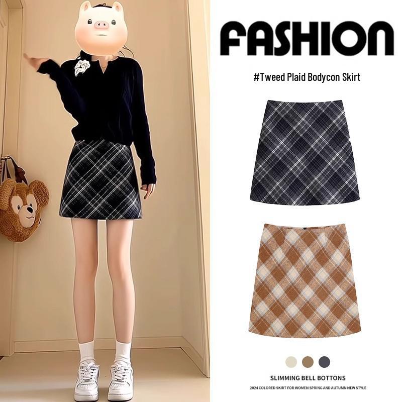 High Waist Retro Woolen Plaid A-line Skirt for Women (Spring/Autumn/Winter)