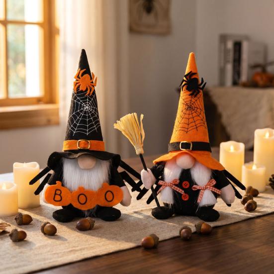 Reusable Festival Tabletop Decor Halloween Gnome Decoration, Spooky Orange Black Spider Web Boo Swedish Tomte Gift for Kids Adults Elf Figurine, Plush