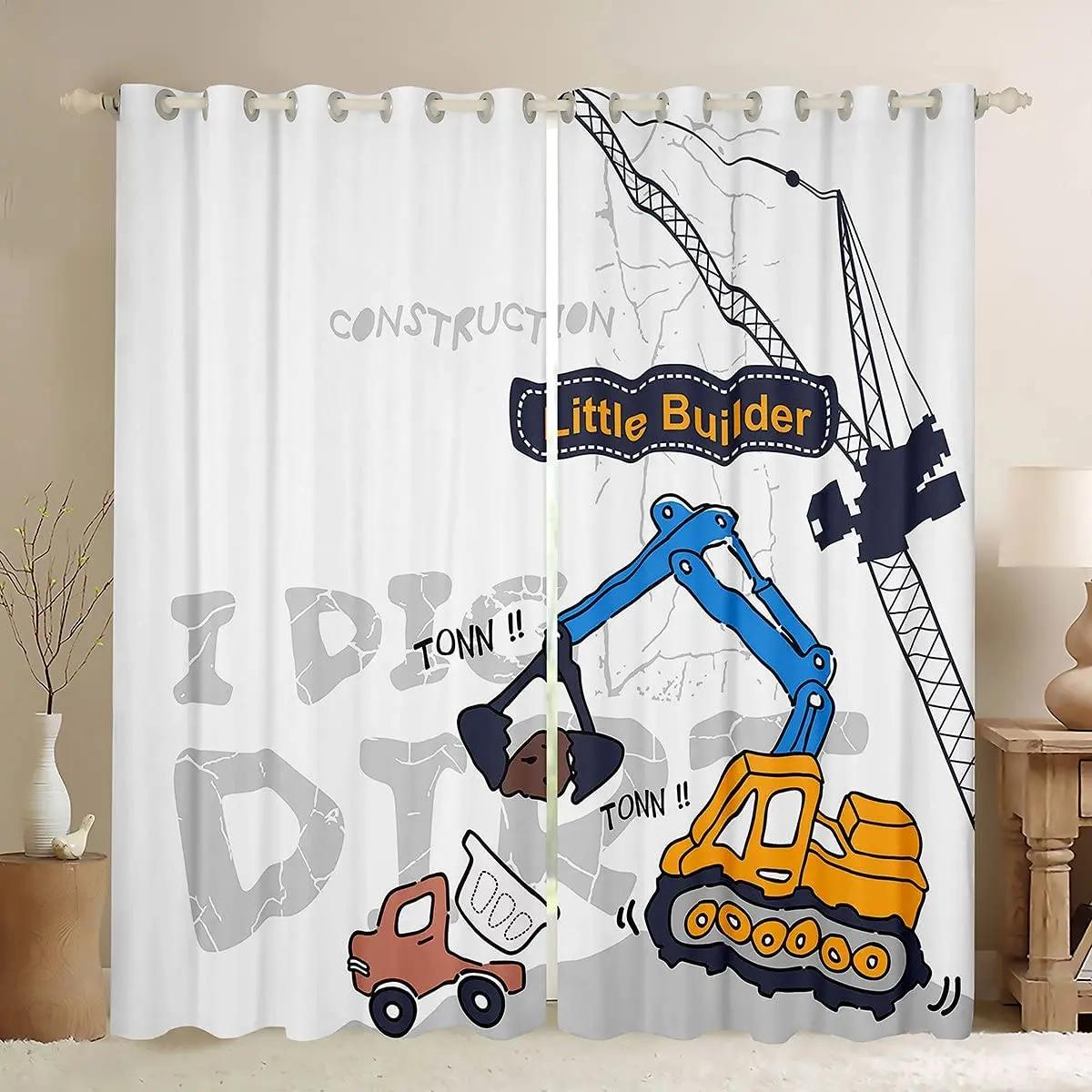 Kinder-Cartoon-LKW-Kran-Bagger-Vorhang für Jungen, beliebter Bauvorhang mit schweren Maschinen, 3D-gedruckte Fenstervorhänge für Schlafzimmer W70H165(CM)x2pcs&Grommet Top