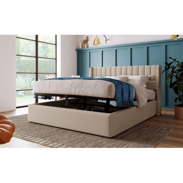 Lit double capitonné - 140x200 cm - Sommier à lattes en métal - Lin beige - Matelas inclus