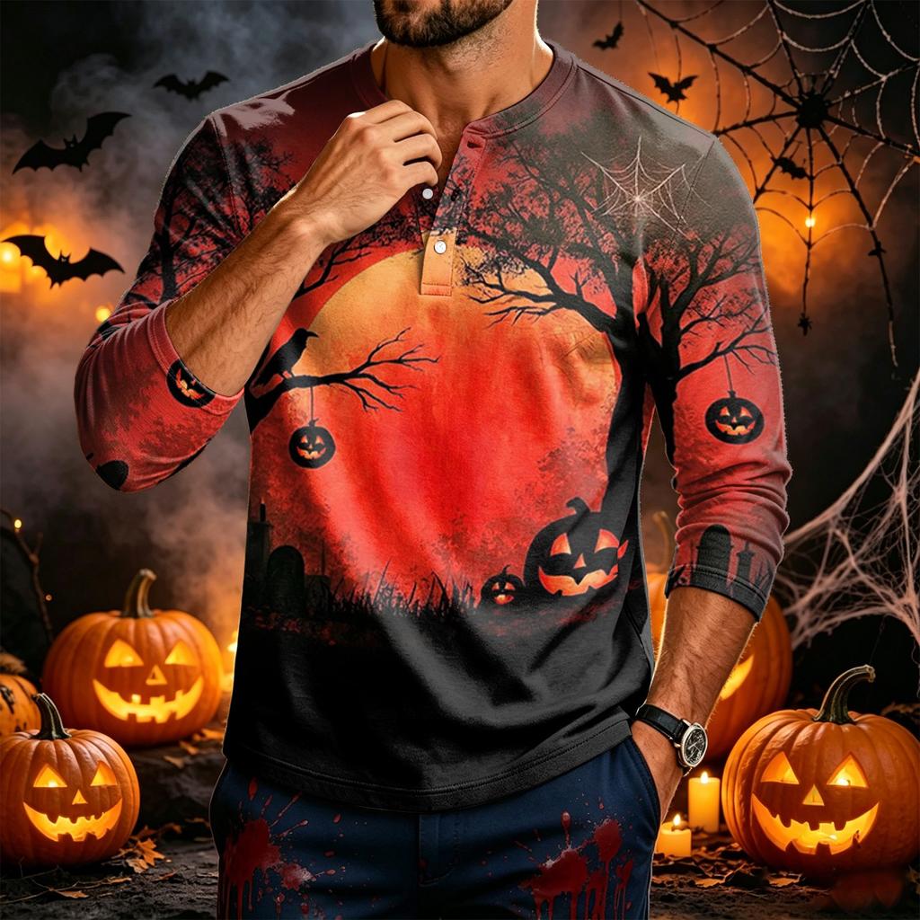 Men's Long Sleeve Tee with Halloween Print for Casual Wear