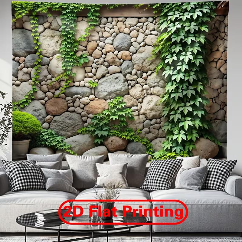 Rustic Cobblestone Wall Tapestry, Green Ivy Vines On Natural Rock Wall Hanging for Patio and Balcony