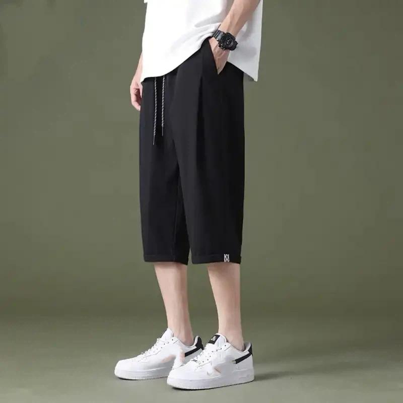 

Mens Casual Solid Color Drawstring Elastic Waist Cropped Shorts M чёрный