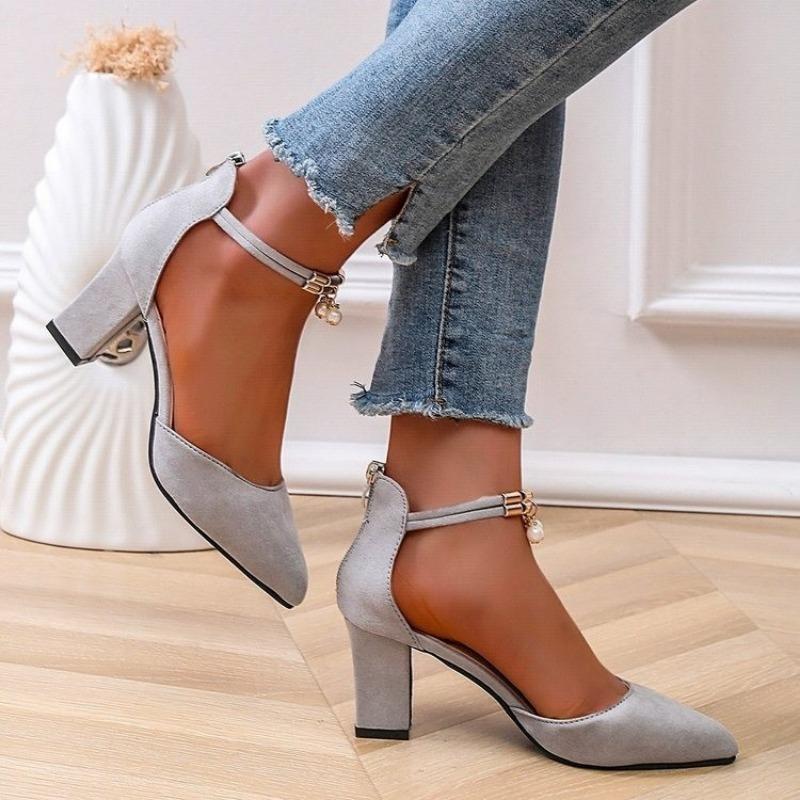 Summer Dress Party Modern Sandals 2025 Women's Ankle Strap High Heels Pointed Toe Pearl Metal Decoration Back Zipper Chunky Heel