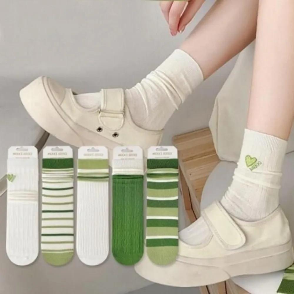 Irum Women s Student Green Mid-Length Long Fashion Socks 5-Piece Set
