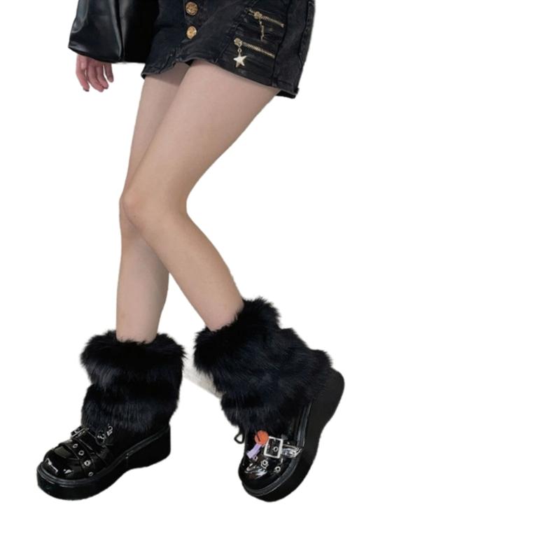 Fuzzy Faux Furs Leg Warmers Furs Heels Long Boots Cuffs Cover Has Elastic One Pair Carnivals Boot Cover Y2K JK Uniform