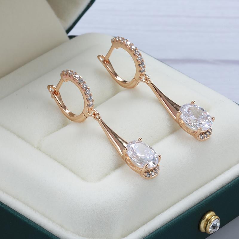 Fashion  Rose Gold Color Long Earrings Oval Natural Zircon Dangle Earrings For Women Luxury Fine Jewelry Christmas Gift