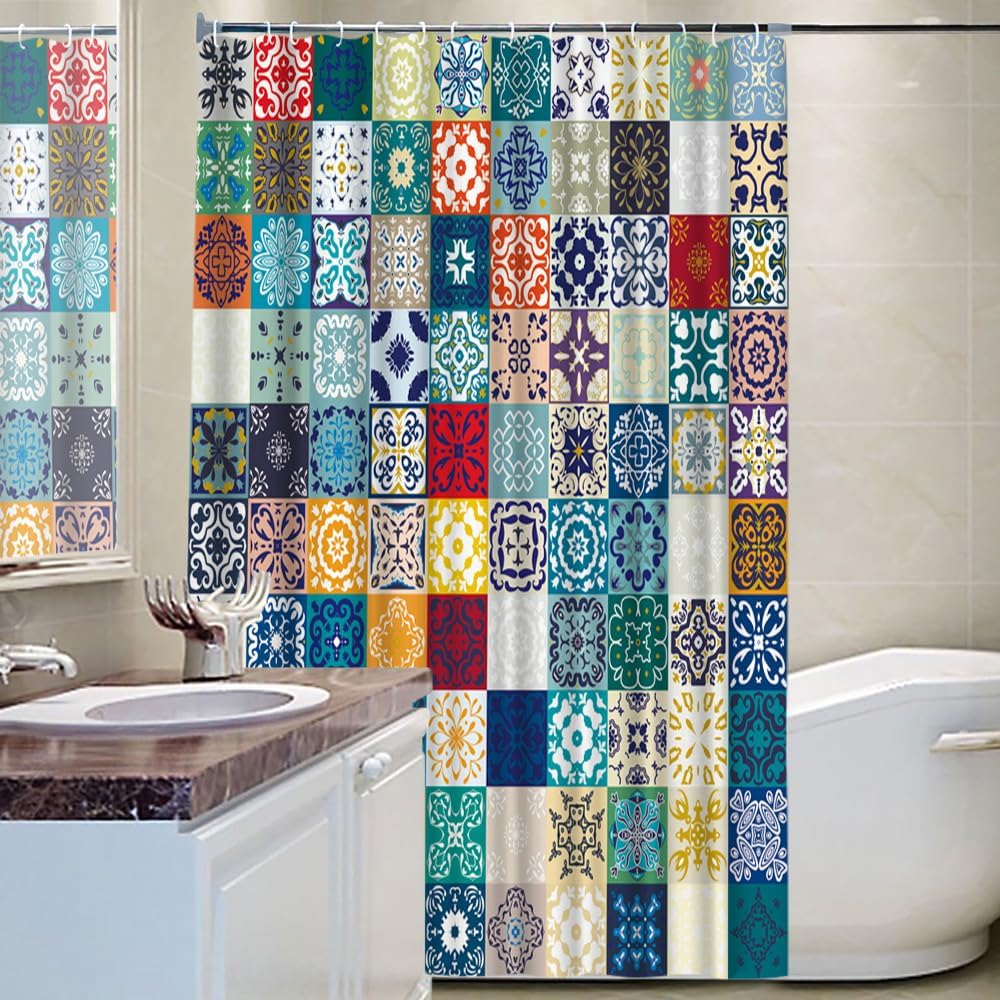 Boho Patchwork Shower Curtain - 72x72Inch Fabric Bohemian Patchwork Colorful Flower Vintage Moroccan Shower Curtain Set with Hoo