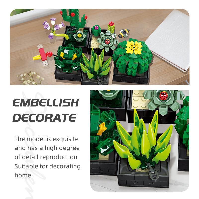590PCS Succulent Plant Potted Building Blocks Set Flower Cactus Assemble  Model Bricks Desktop Ornament Kids Toys Birthday Gifts