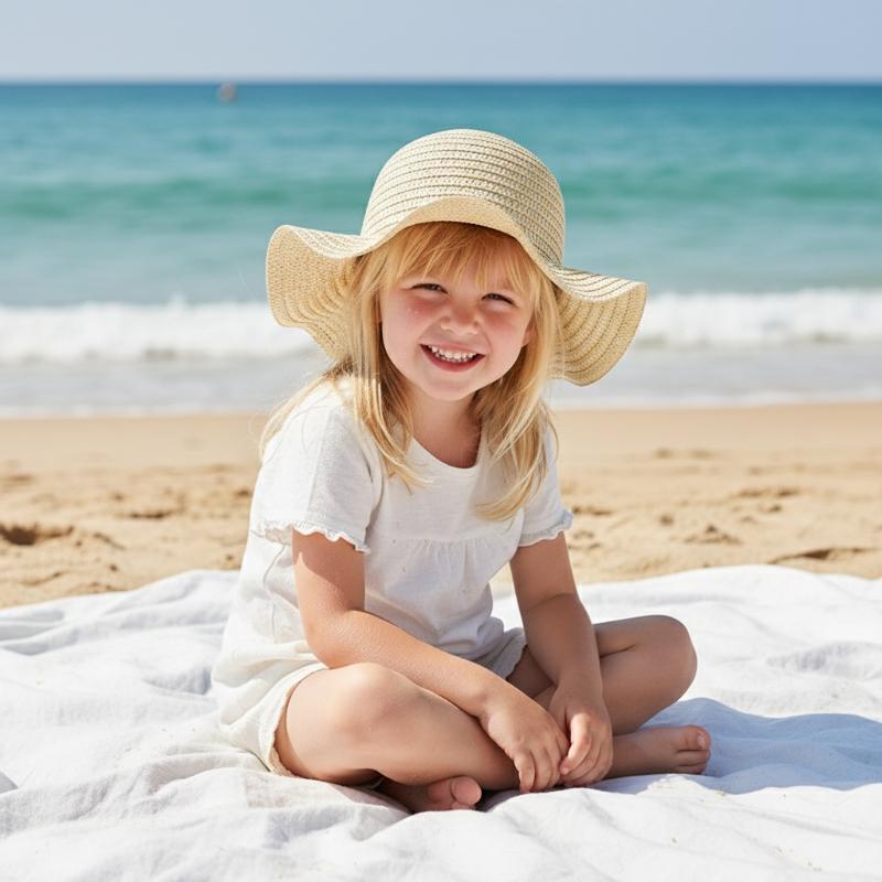 Summer Children's Wavy Edge Wide Brim Straw Hat And Woven Bags Travel Beach Sun Cap