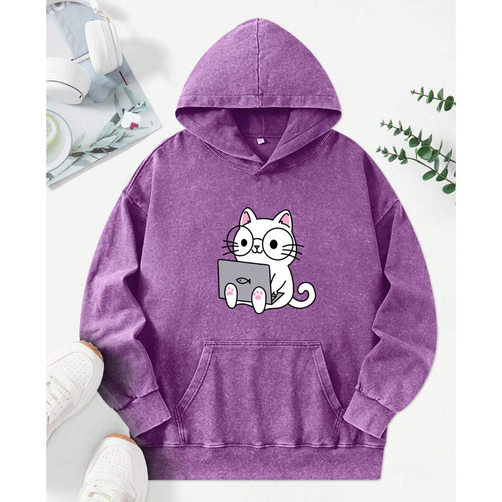 Abstract Cat Work Printed Womens Washed Hoodie Vintage Loose Streetwear Hip Hop Pocket Clothes Hoody