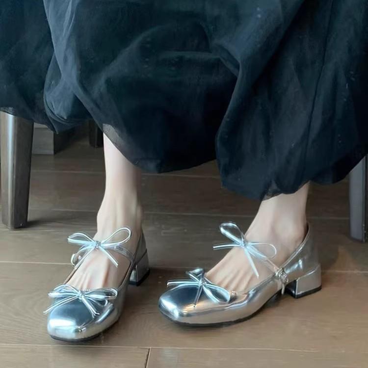 French Bow Light Mouth Red Single Shoes Women's Spring and Autumn New Retro Fairy Ballet Thick Heel Mary Jane Small Leather Shoes