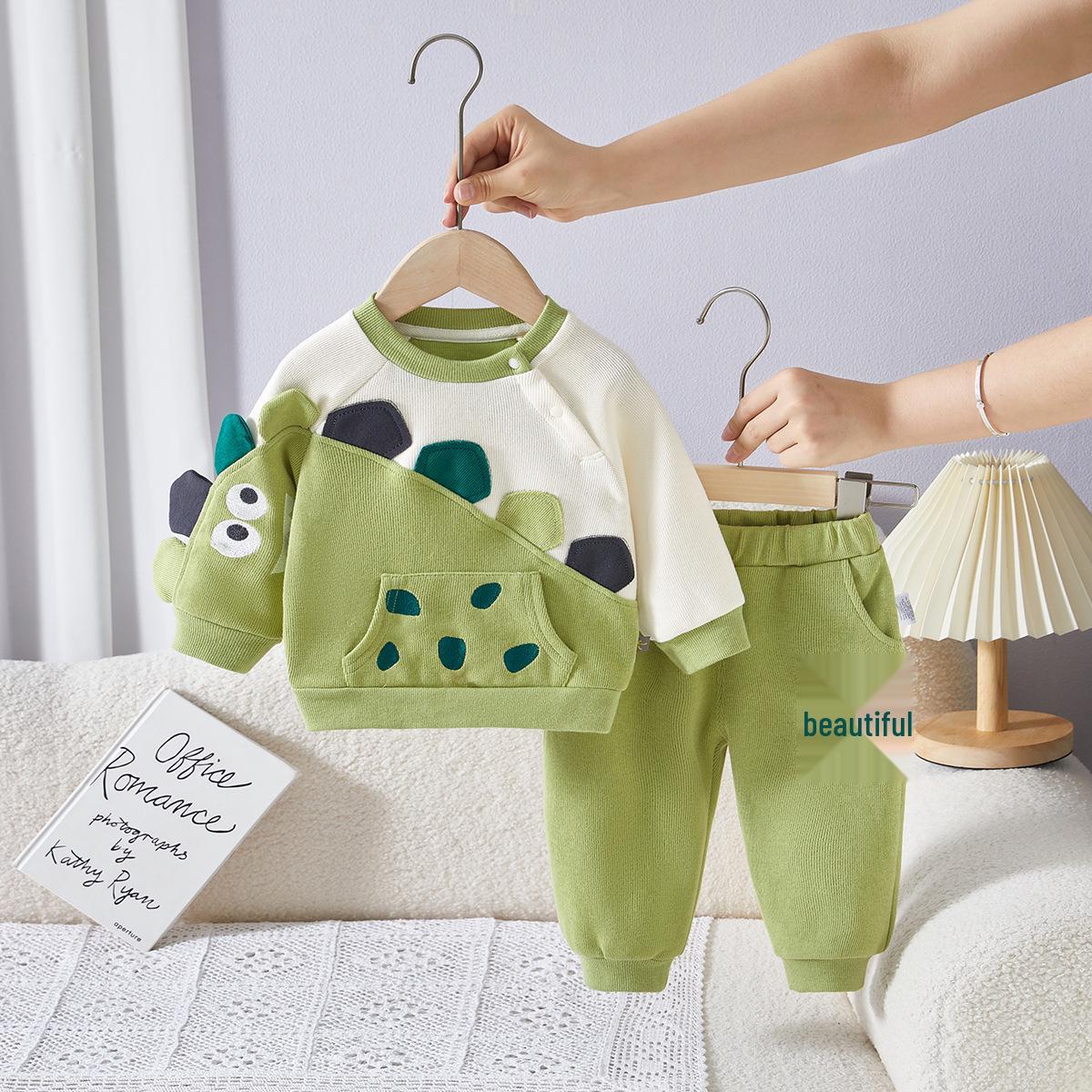 

2025 Autumn Baby Boy Green Dinosaur Two-Piece Set: Long Sleeve & Pants for Casual Outings 120cm зелёный