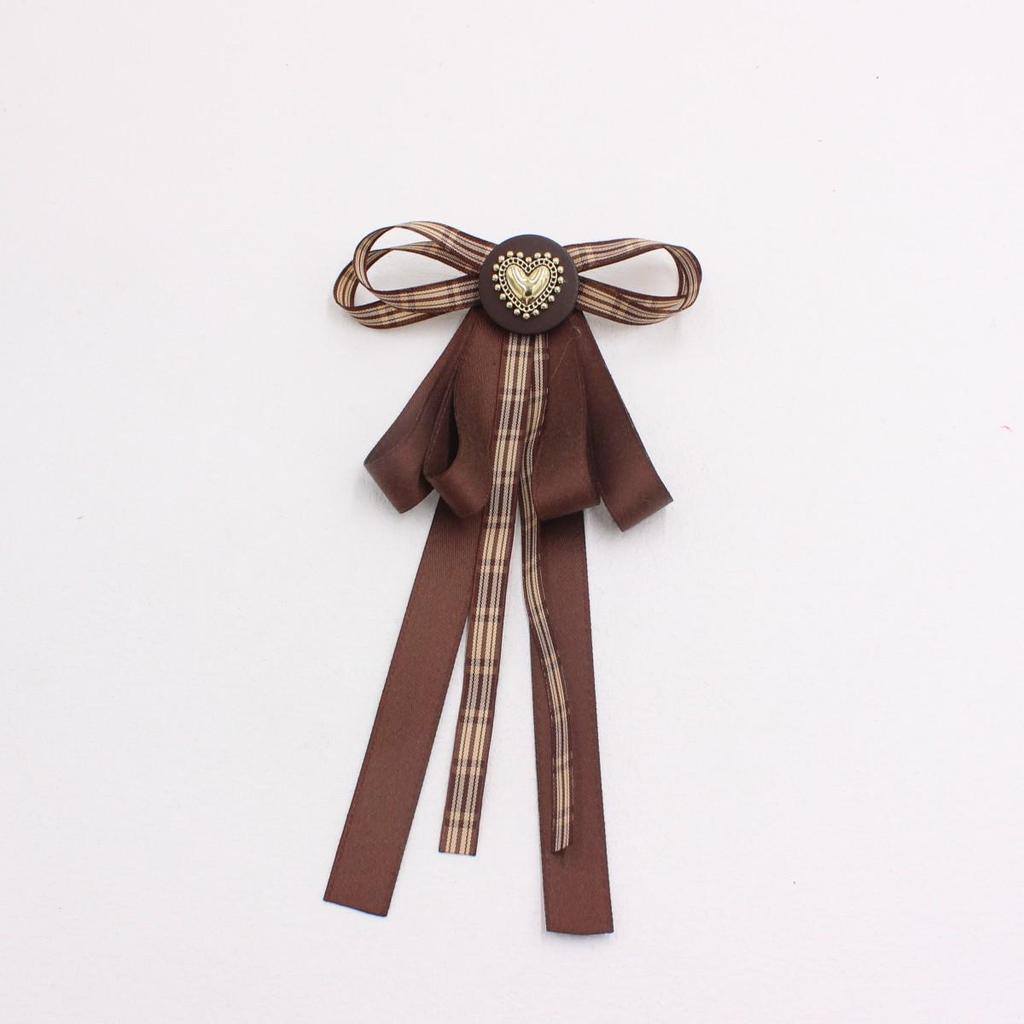 Women's Coffee Brown Plaid Bow Tie Brooch Collar Accessory S320