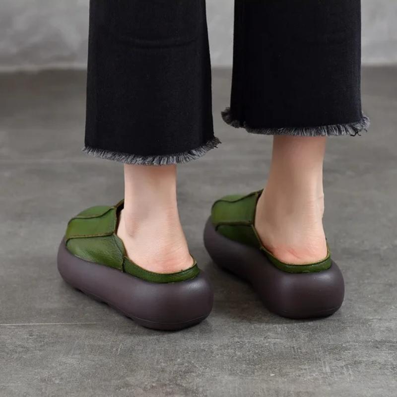 Johnature Vintage Genuine Leather Thick Soled Outdoor Slippers Round Toe Women's Slip-on Shoes